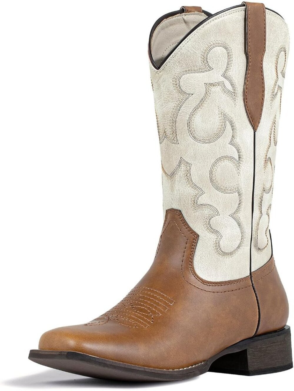 Women's White Cowgirl Fashion Two Toned Western Boots Square Toe Mid Calf Brown